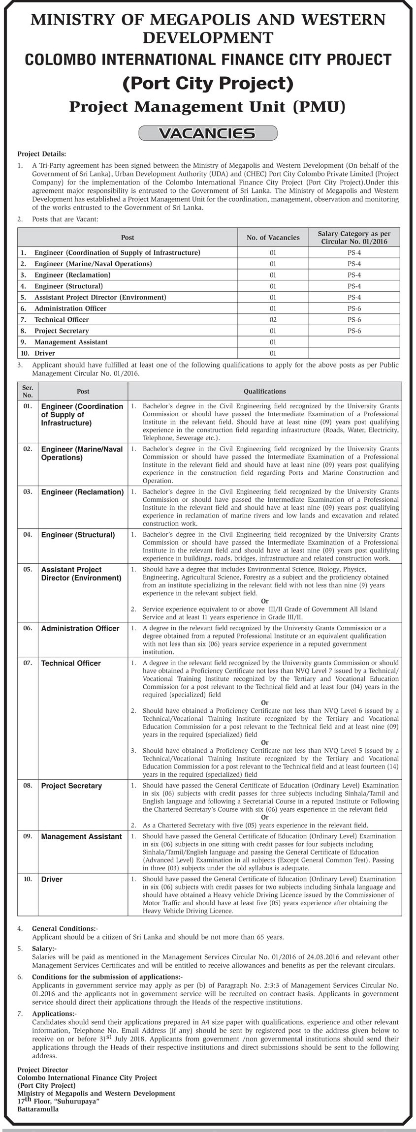 Management Assistant, Project Secretary, Technical Officer, Administrative Officer, Assistant Project Director, Engineer, Driver - Ministry of Megapolis & Western Development